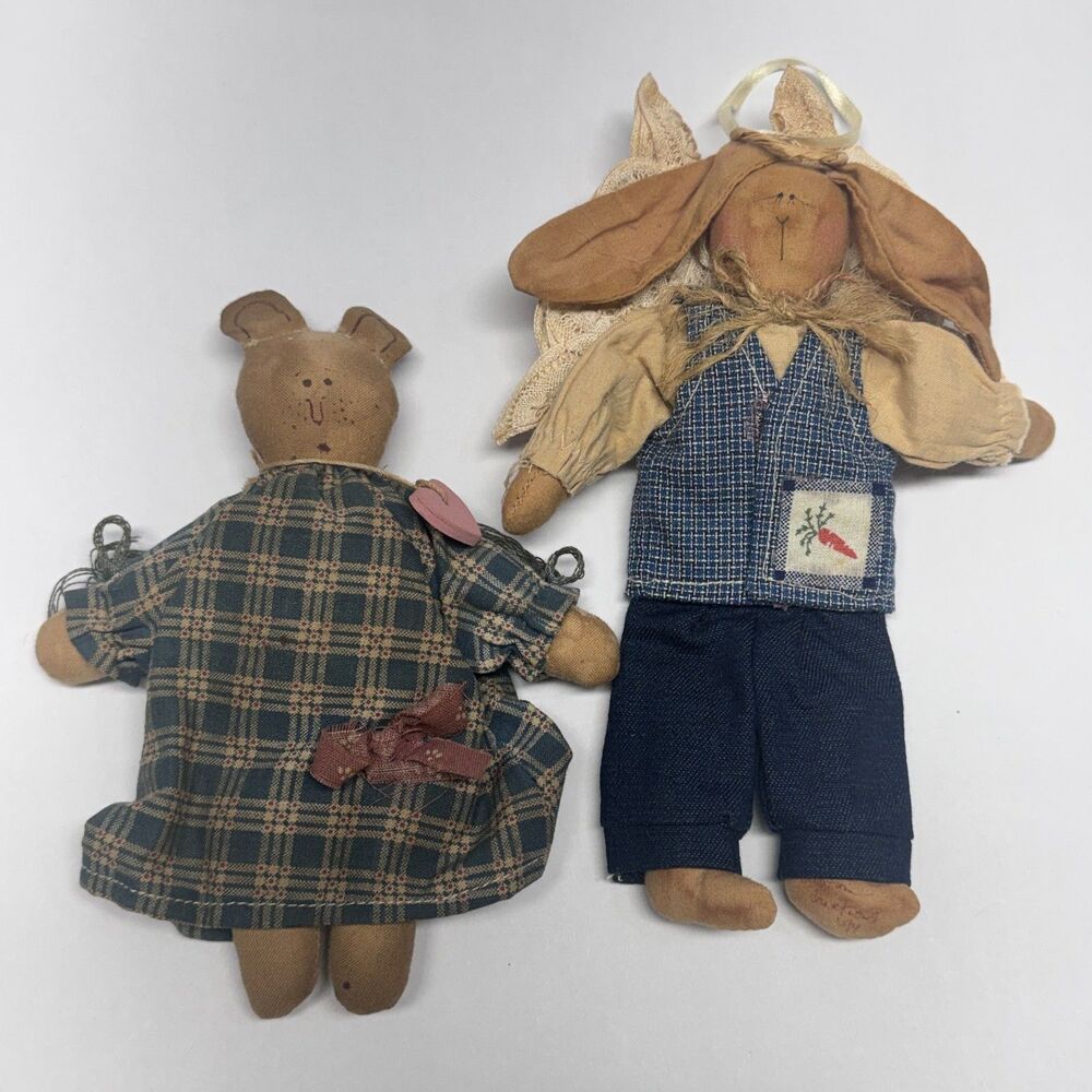 Primitive Folk Art Doll Rabbit Angel Bear Muslin Farmhouse Cottage Grandma
